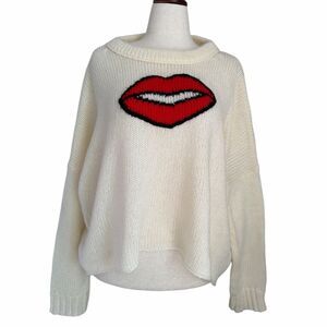 Wooden Ships Lips Graphic Knit Sweater Womens S/M Cream Mohair Blend Oversized